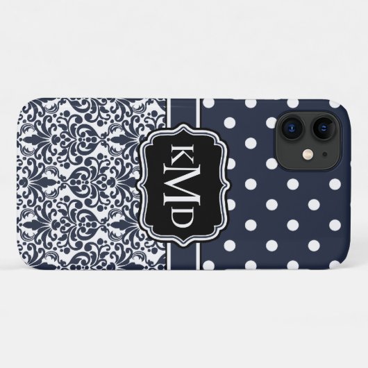 Trio Mit Monogramm Navy Damask Case-Mate iPhone Hülle (Rückseite (Horizontal))