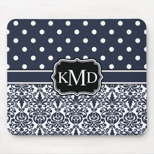 Trio Mit Monogramm Navy Damask Mousepad (Vorne)