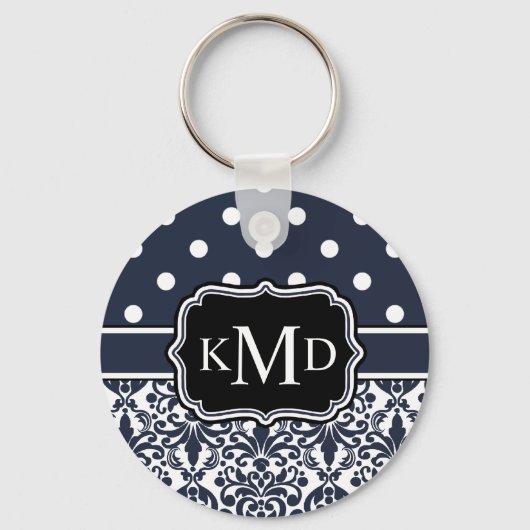 Trio Mit Monogramm Navy Damask Schlüsselanhänger (Vorderseite)