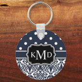 Trio Mit Monogramm Navy Damask Schlüsselanhänger (Vorderseite)