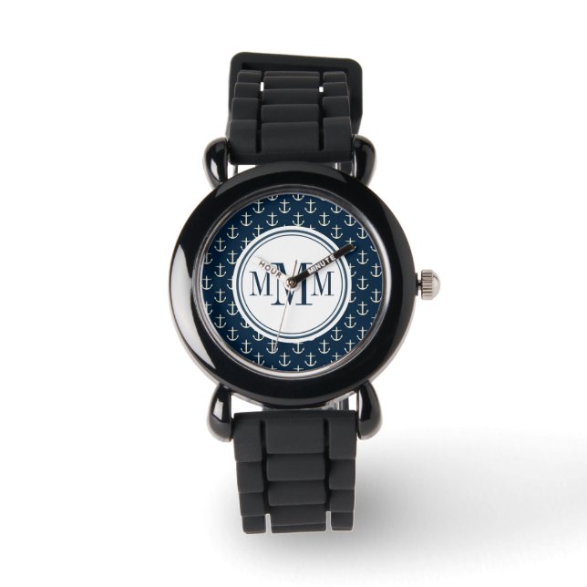 Trio Monogram Anchor Muster Armbanduhr (Vorderseite)