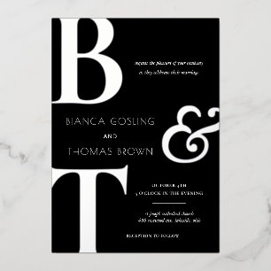 Trio Monogram Initials Black & White Wedding Folieneinladung