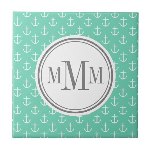 Trio Monogram Minze White Anchor Muster Fliese (Vorderseite)