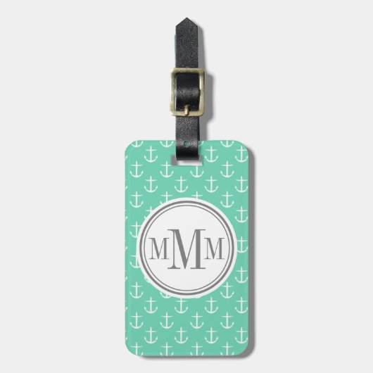 Trio Monogram Minze White Anchor Muster Gepäckanhänger (Vorderseite vertikal)