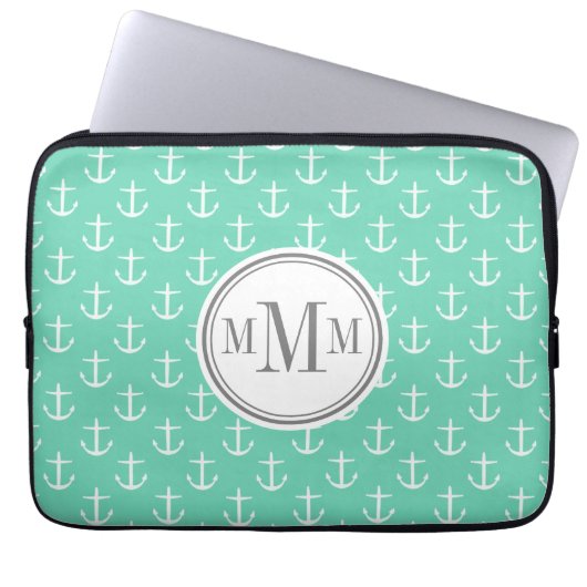 Trio Monogram Minze White Anchor Muster Laptopschutzhülle (Vorderseite)