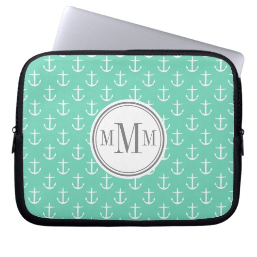 Trio Monogram Minze White Anchor Muster Laptopschutzhülle (Vorderseite)