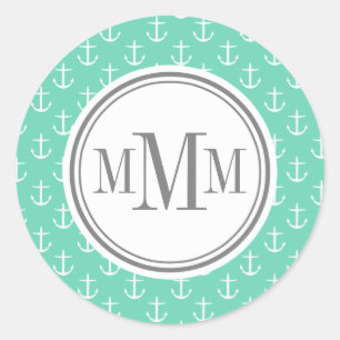 Trio Monogram Minze White Anchor Muster Runder Aufkleber