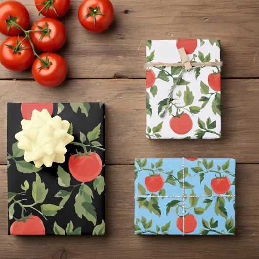 Trio of Tomato Plant Pattern Wrapping Paper Sheets Geschenkpapier Set