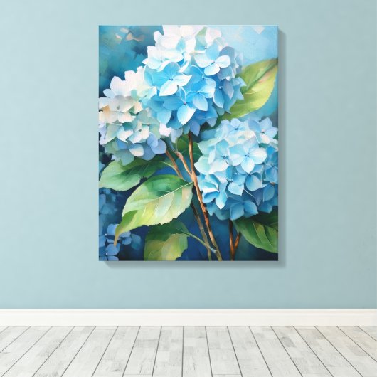 Trio of Tranquility: Blue Hydrangeas Leinwanddruck (Insitu (Holzboden))