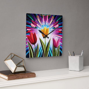 Trio of Tulips: Ein Ausbruch der Springtime-Schönh Quadratische Wanduhr