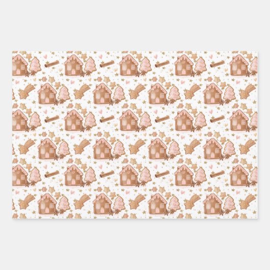 Trio Pink Brown Gingerbrot Häuser Stars Cinnamon Geschenkpapier Set (Vorderseite 3)