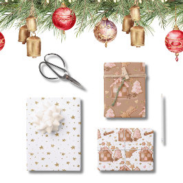 Trio Pink Brown Gingerbrot Häuser Stars Cinnamon Geschenkpapier Set