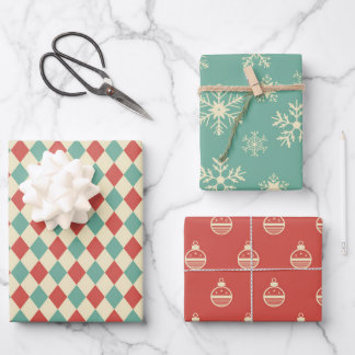 Trio Retro Weihnachtswrapping Paper Sheets Geschenkpapier Set