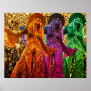 Trio von Damen beim Disco-Tanzen im Bell-Bottom-Ou Poster