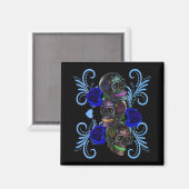 Triple Black Day Of The Dead Skulls Blue Roses Magnet (Vorderseite/Rückseite)