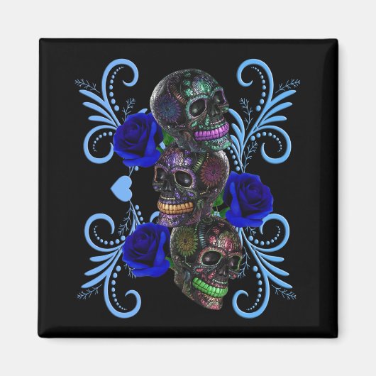 Triple Black Day Of The Dead Skulls Blue Roses Magnet (Vorne)