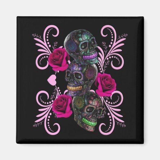 Triple Black Day Of The Dead Skulls Pink Roses Magnet (Vorne)
