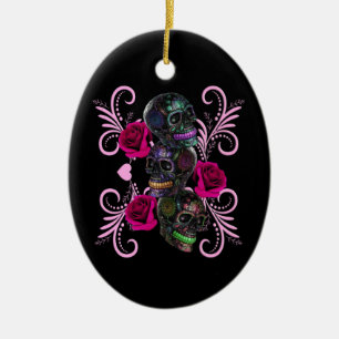 Triple Black Tag des Todes Totenköpfe rosa Rosen Keramik Ornament