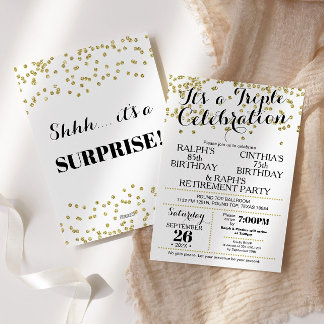Triple Celebration Confetti Faux Gold Invitation Einladung