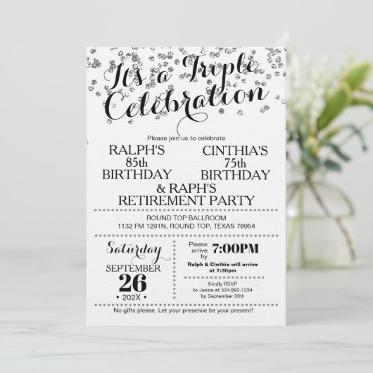Triple Celebration Confetti Faux Silver Invitation Einladung (Stehend Vorderseite)