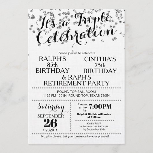 Triple Celebration Confetti Faux Silver Invitation Einladung (Vorderseite)