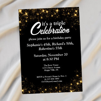 Triple Celebration Joint Birthday Gold Black  Einladung