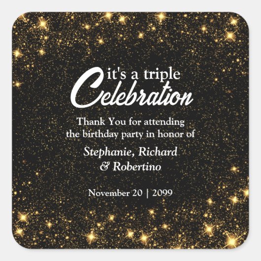 Triple Celebration Joint Birthday Gold Black  Quadratischer Aufkleber (Vorderseite)