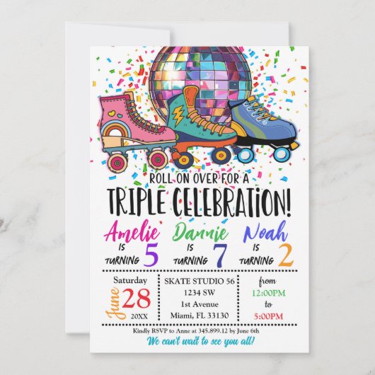 Triple Celebration Roller Skaten Disco Einladung (Vorderseite)