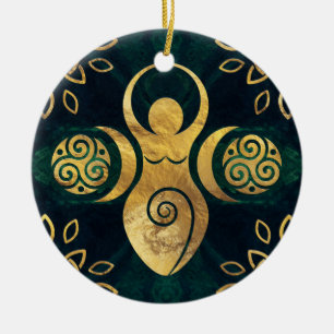 Triple Goddess mit triskele - Gold und Grün Keramik Ornament