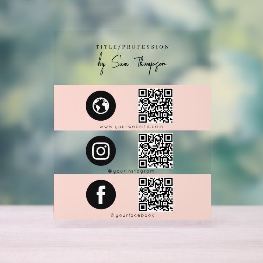 Triple Icon & QR Code Business Social Media Pink Acrylschild (Neutral)