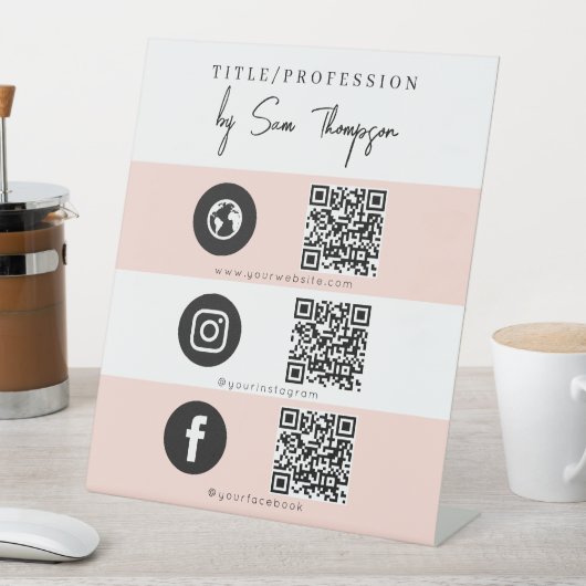 Triple Icon & QR Code Business Social Media Pink Sockelschild (In Situ)