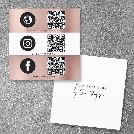 Triple Icon QR Code Social Media Rose Gold Quadratische Visitenkarte