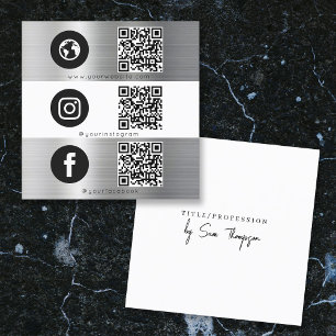 Triple Icon QR Code Social Media Silver Metal Quadratische Visitenkarte