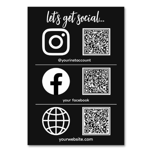 Triple Icon und QR Code Business Social Media Sign Tischnummer (Vorderseite)