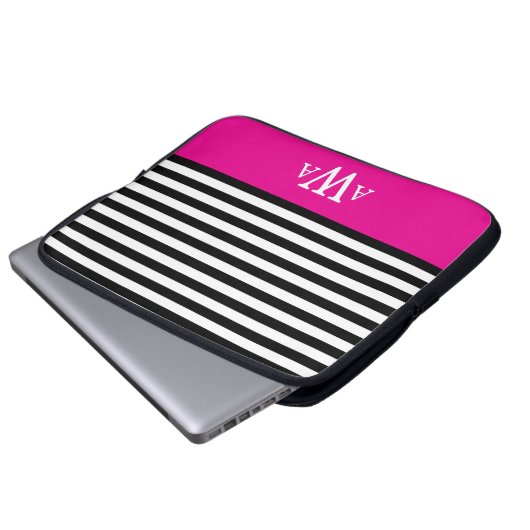 Triple Letter Monogram Fuchsia Schwarz-weiße Strei Laptopschutzhülle (Vorne Knopf)
