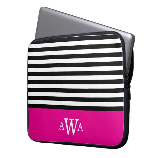 Triple Letter Monogram Fuchsia Schwarz-weiße Strei Laptopschutzhülle (Vorderseite Links)