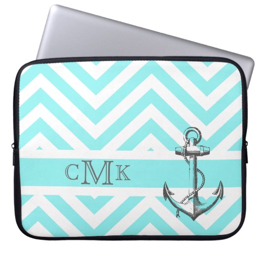 Triple Mit Monogramm Anchor & Blue Zigzags Laptopschutzhülle (Vorderseite)