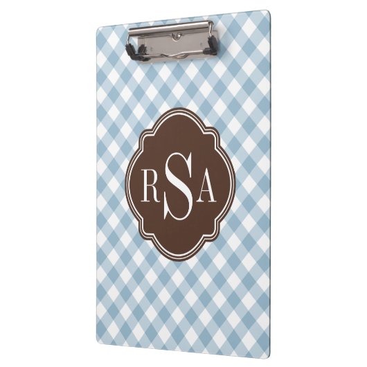 Triple Monogram Brown Blue Gingham Pattern Klemmbrett (Links)