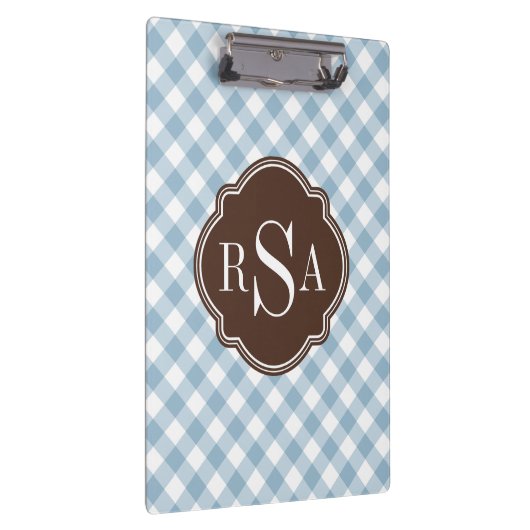 Triple Monogram Brown Blue Gingham Pattern Klemmbrett (Rechts)