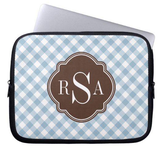 Triple Monogram Brown Blue Gingham Pattern Laptopschutzhülle (Vorderseite)