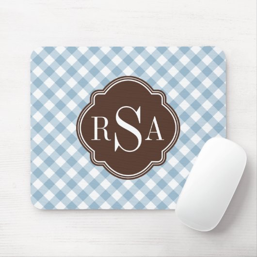 Triple Monogram Brown Blue Gingham Pattern Mousepad (Mit Mouse)