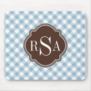 Triple Monogram Brown Blue Gingham Pattern Mousepad