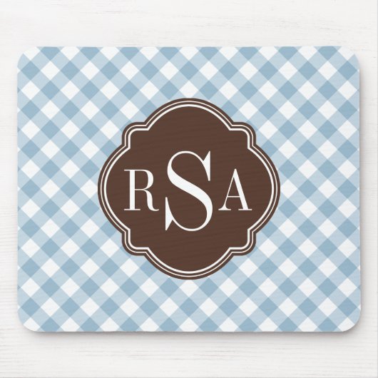 Triple Monogram Brown Blue Gingham Pattern Mousepad (Vorne)