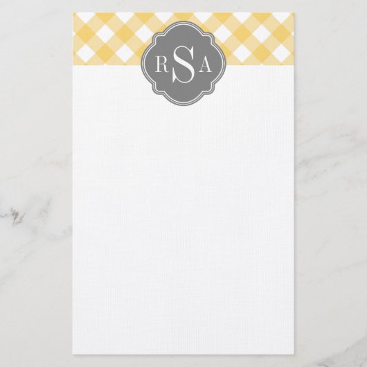 Triple Monogram Grau Yellow Gingham Pattern Briefpapier (Vorderseite)
