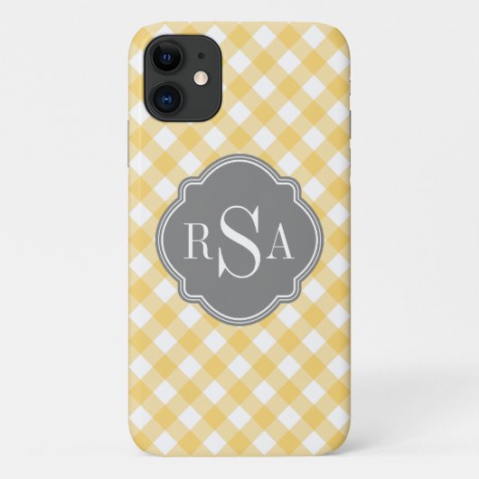 Triple Monogram Grau Yellow Gingham Pattern Case-Mate iPhone Hülle (Rückseite)