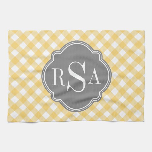 Triple Monogram Grau Yellow Gingham Pattern Handtuch (Horizontal)