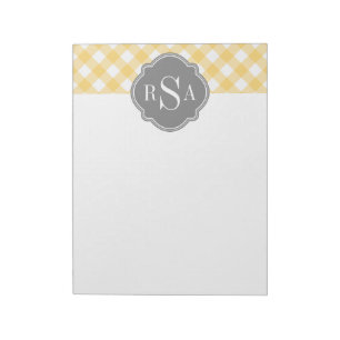 Triple Monogram Grau Yellow Gingham Pattern Notizblock