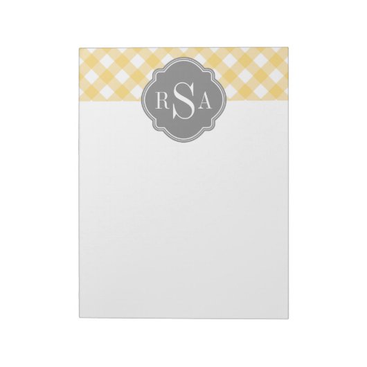 Triple Monogram Grau Yellow Gingham Pattern Notizblock (Rotiert)