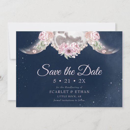 Triple Moon Dark Blue Night Sky Floral Handfasts Save The Date (Vorderseite)