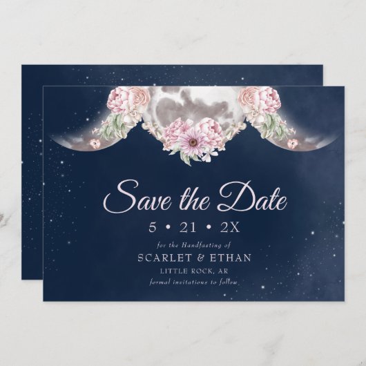 Triple Moon Dark Blue Night Sky Floral Handfasts Save The Date (Vorne/Hinten)